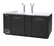 A large, commercial-grade keg cooler and beer dispenser with two shiny chrome tap towers and four taps sits on a white countertop. It features two cabinet doors in front, a vented section on the left, and offers premium commercial refrigeration.