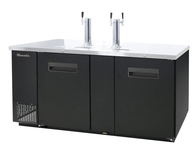 A large, commercial-grade keg cooler and beer dispenser with two shiny chrome tap towers and four taps sits on a white countertop. It features two cabinet doors in front, a vented section on the left, and offers premium commercial refrigeration.