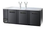 A commercial stainless steel keg cooler beer dispenser with three black doors, two tall draft beer taps on top, and ventilation grilles on the left side. The sleek, professional surface is perfect for bar or restaurant commercial refrigeration needs.