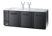 A commercial stainless steel keg cooler beer dispenser with three black doors, two tall draft beer taps on top, and ventilation grilles on the left side. The sleek, professional surface is perfect for bar or restaurant commercial refrigeration needs.