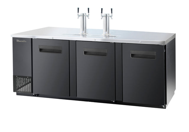 A commercial stainless steel keg cooler beer dispenser with three black doors, two tall draft beer taps on top, and ventilation grilles on the left side. The sleek, professional surface is perfect for bar or restaurant commercial refrigeration needs.