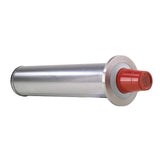 A large cylindrical stainless steel roller with a shiny silver body and a red plastic cap on one end. The roller has a flange near the capped end and is positioned horizontally against a plain white background.