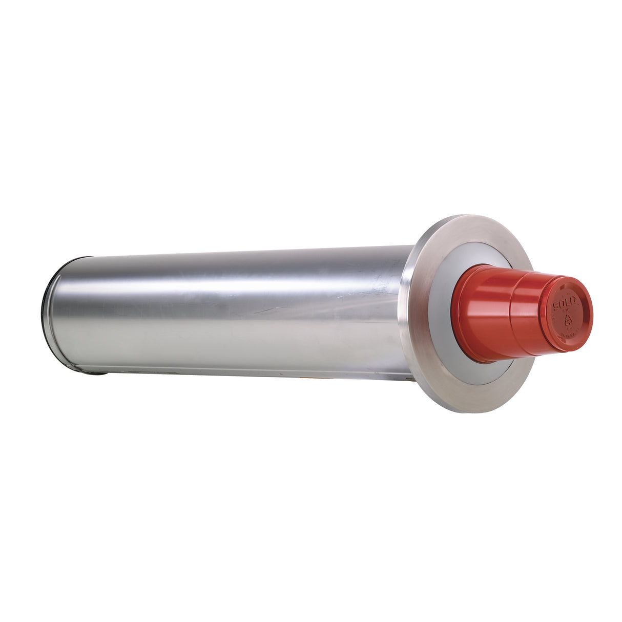 A large industrial stainless steel cylinder with a shiny silver surface features a wide flat flange and a protruding red plastic cap at one end. Set against a white background, this in-counter Cup Dispenser is shown at an angle.
