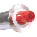 An in-counter stainless steel Cup Dispenser holds a stack of red plastic Solo cups horizontally, with the top cup partially visible for easy access. It features a circular brushed metal rim and a white ring securing the cups in place.