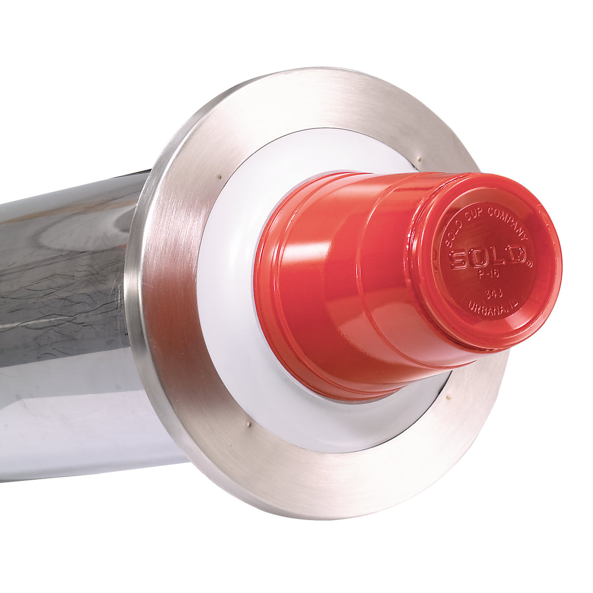 A close-up of a wall-mounted stainless steel cup dispenser shows a stack of red plastic SOLO cups at the opening. The dispenser features a brushed metal flange and a sleek cylindrical stainless steel body.