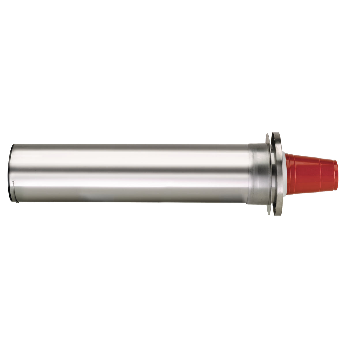A cylindrical stainless steel Cup dispenser with a matte finish lies horizontally. One end features a red, cone-shaped plastic cap and a metallic flange for in-counter installation, while the other end is open with a smooth edge and no additional attachments.