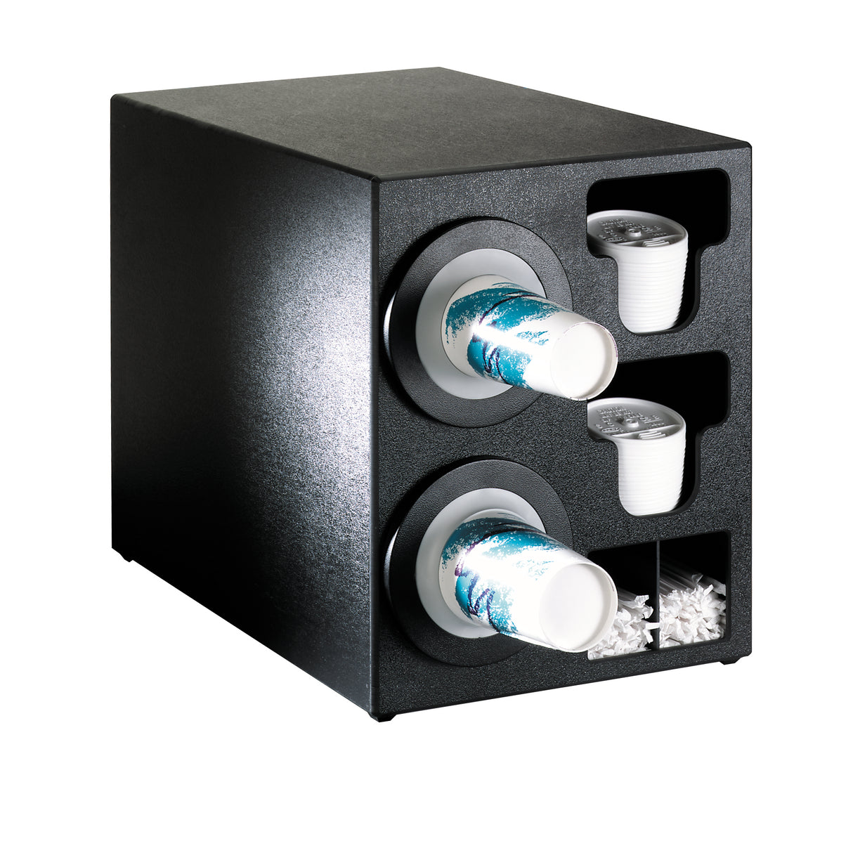 A black plastic NSF cup dispenser holds two horizontal stacks of blue and white disposable cups, with separate compartments for small white cups and stir sticks on the right side, organized for easy access.