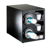 A black plastic NSF cup dispenser holds two horizontal stacks of blue and white disposable cups, with separate compartments for small white cups and stir sticks on the right side, organized for easy access.