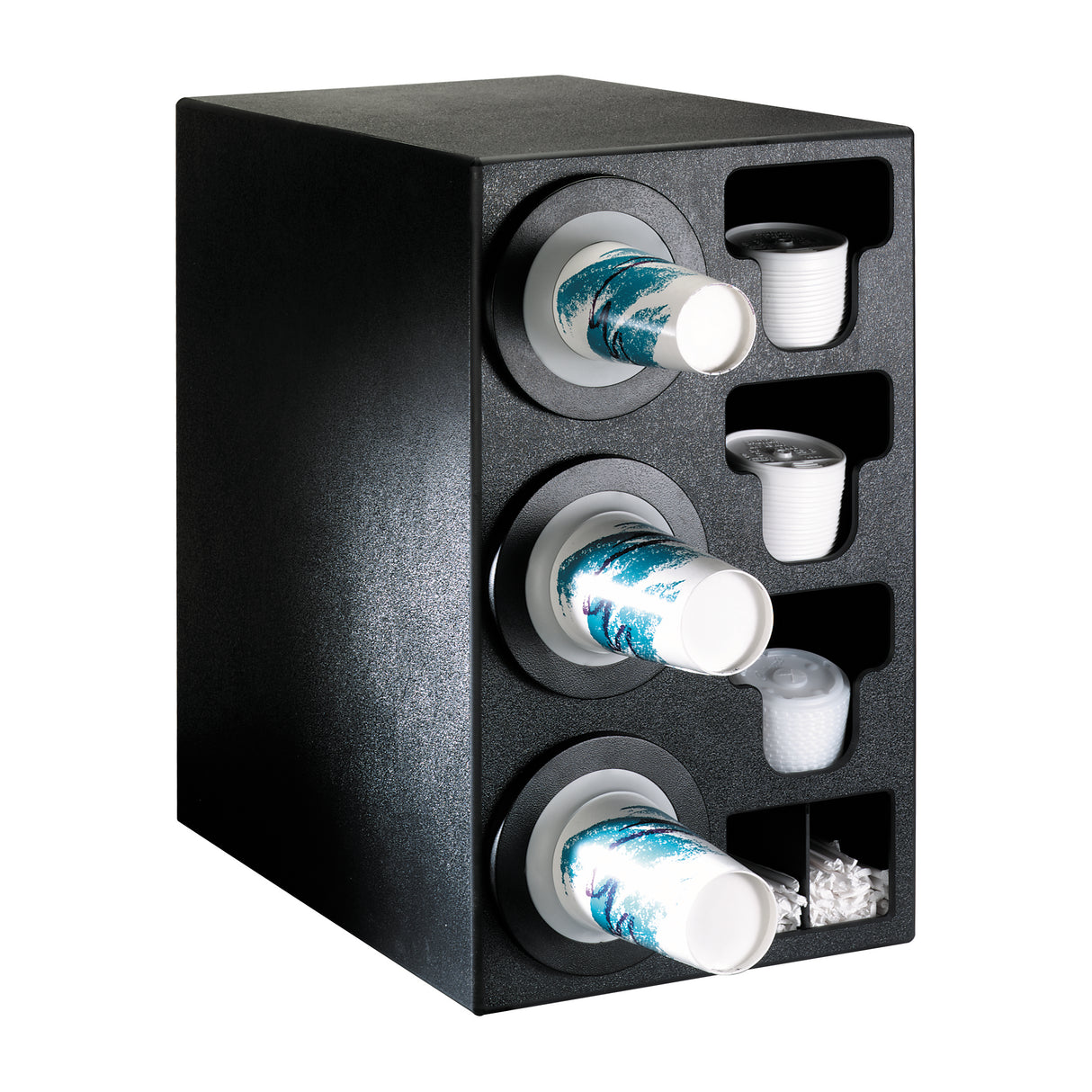 A black plastic NSF cup dispenser holds three stacks of blue and white paper cups horizontally on the left, with compartments for lids, small containers, and stir sticks on the right. The unit is angled to show both the front and side.