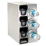 A stainless steel cup dispensing cabinet holds three stacks of white paper cups with blue-green wave designs on the right and three compartments of clear plastic cups on the left. A lower compartment contains wrapped white straws. NSF cup dispensers included.