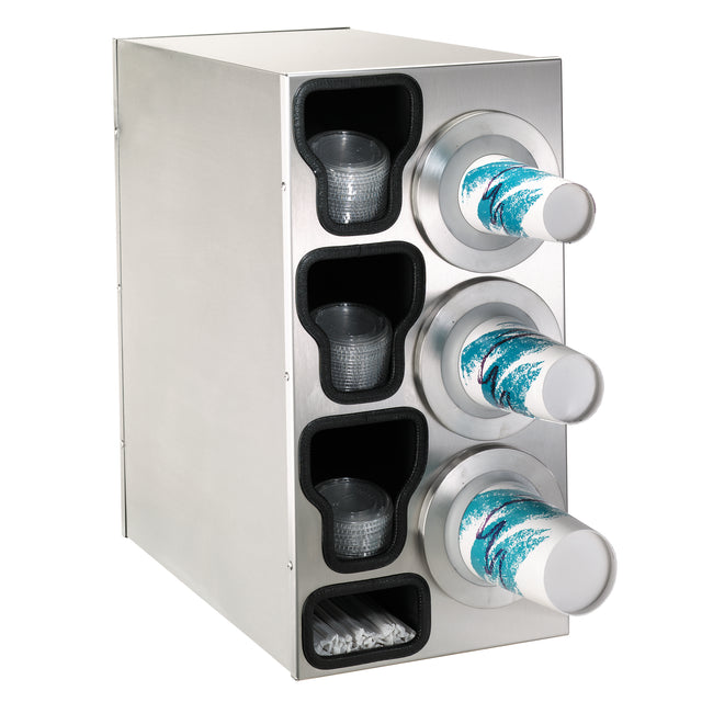 A stainless steel cup dispensing cabinet holds three stacks of white paper cups with blue-green wave designs on the right and three compartments of clear plastic cups on the left. A lower compartment contains wrapped white straws. NSF cup dispensers included.