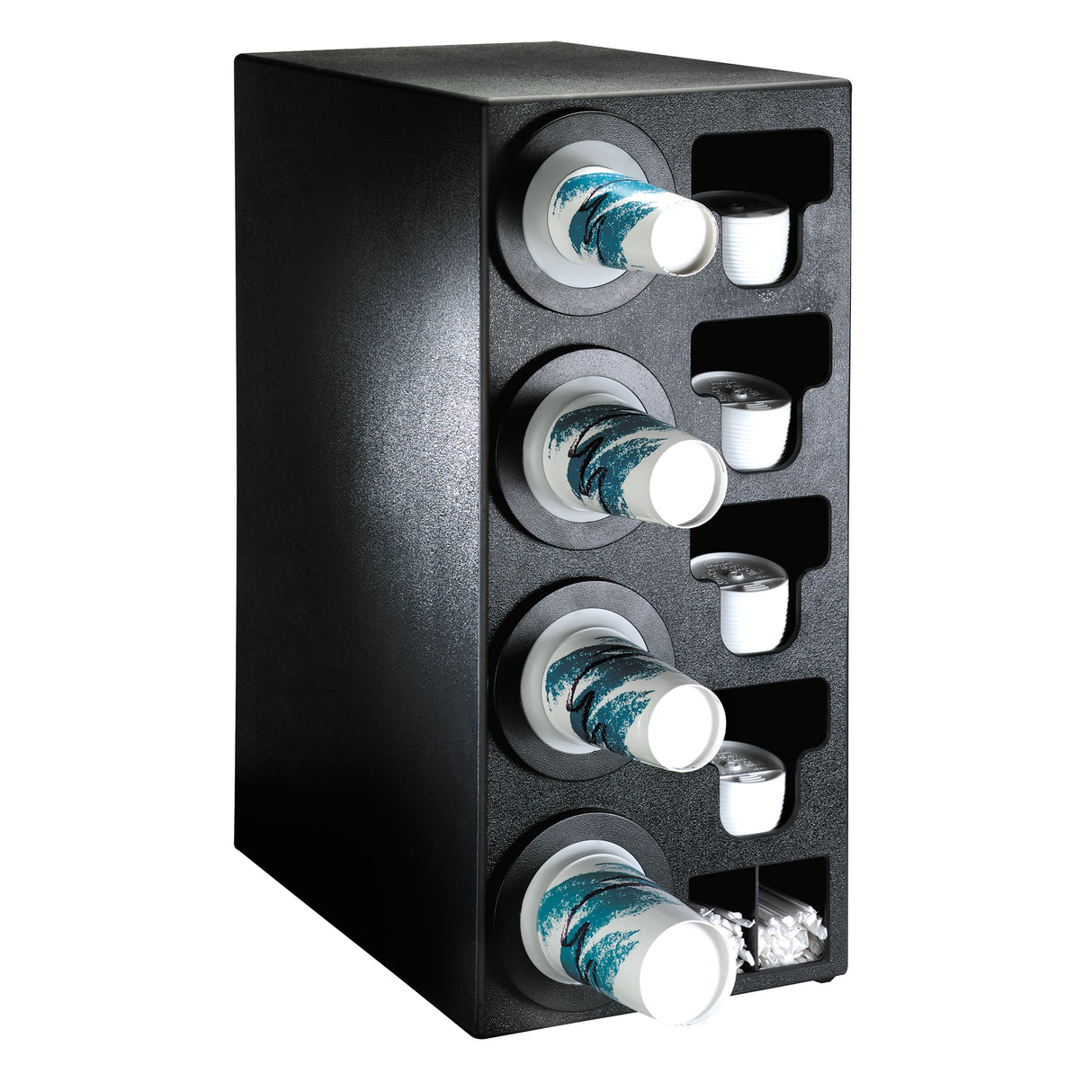 A black adjustable cup dispenser holds stacks of paper cups with blue wave designs in horizontal slots on the left and coffee creamer containers in vertical compartments on the right. A small bottom compartment contains white plastic stir sticks.