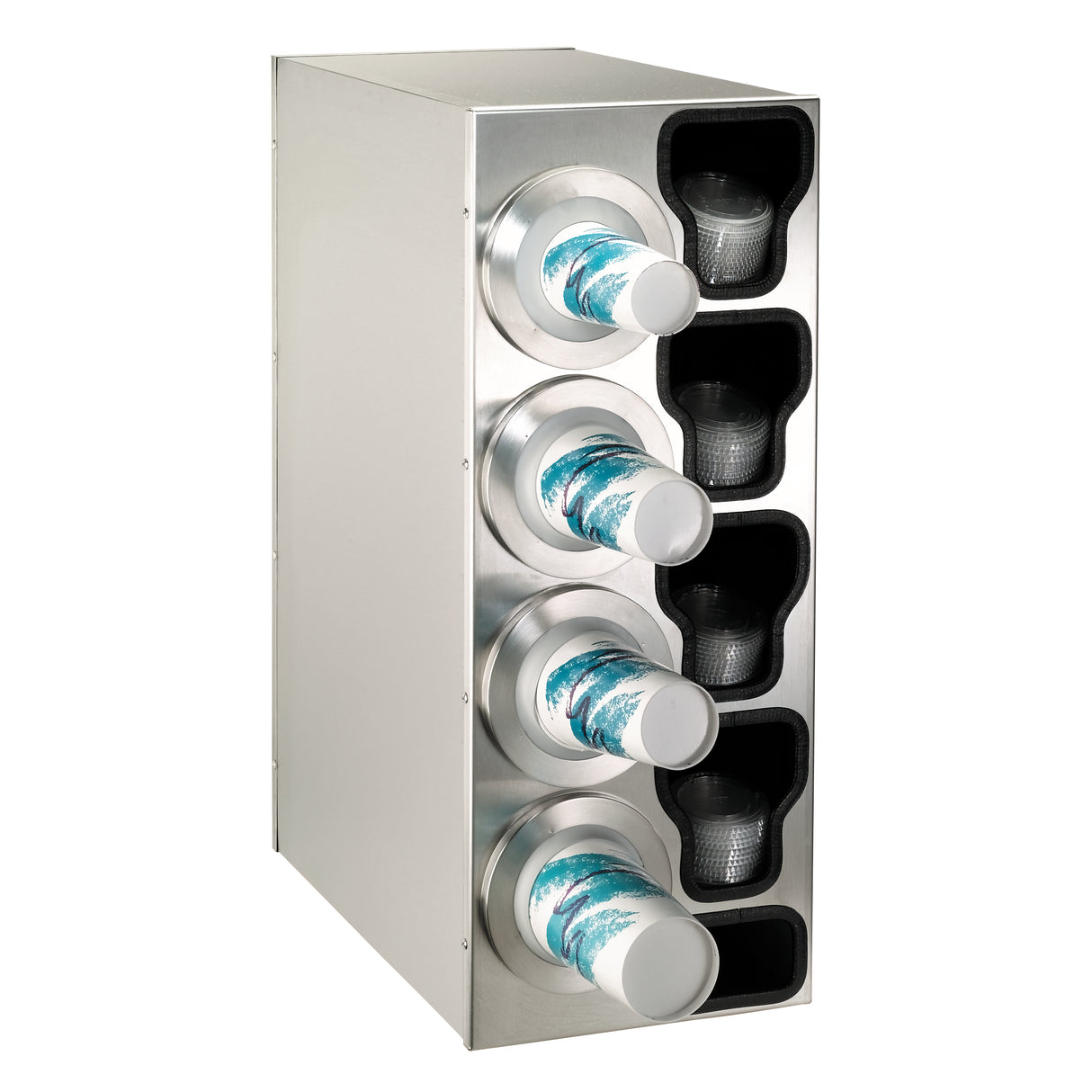 A stainless steel cup dispenser with four horizontal slots holds white paper cups with a blue and teal wave design. To the right of each slot, open compartments store stacks of black plastic lids. The background is white.