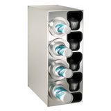 A stainless steel cup dispenser with four horizontal slots holds white paper cups with a blue and teal wave design. To the right of each slot, open compartments store stacks of black plastic lids. The background is white.