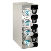 A stainless steel cup dispenser with four horizontal slots holds white paper cups with a blue and teal wave design. To the right of each slot, open compartments store stacks of black plastic lids. The background is white.