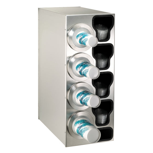 A stainless steel cup dispenser with four horizontal slots holds white paper cups with a blue and teal wave design. To the right of each slot, open compartments store stacks of black plastic lids. The background is white.