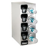 A stainless steel cup dispensing cabinet features four cylindrical NSF cup dispensers for white cups with a blue and teal design. Four compartments to the left hold black plastic cups, while the bottom compartment stores white stir sticks.