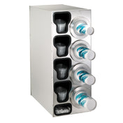 A stainless steel cup dispensing cabinet features four cylindrical NSF cup dispensers for white cups with a blue and teal design. Four compartments to the left hold black plastic cups, while the bottom compartment stores white stir sticks.