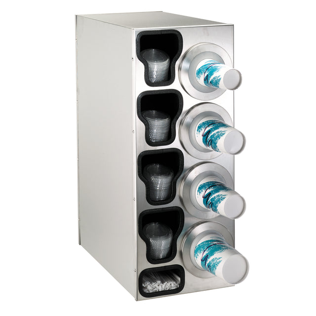 A stainless steel cup dispensing cabinet features four cylindrical NSF cup dispensers for white cups with a blue and teal design. Four compartments to the left hold black plastic cups, while the bottom compartment stores white stir sticks.