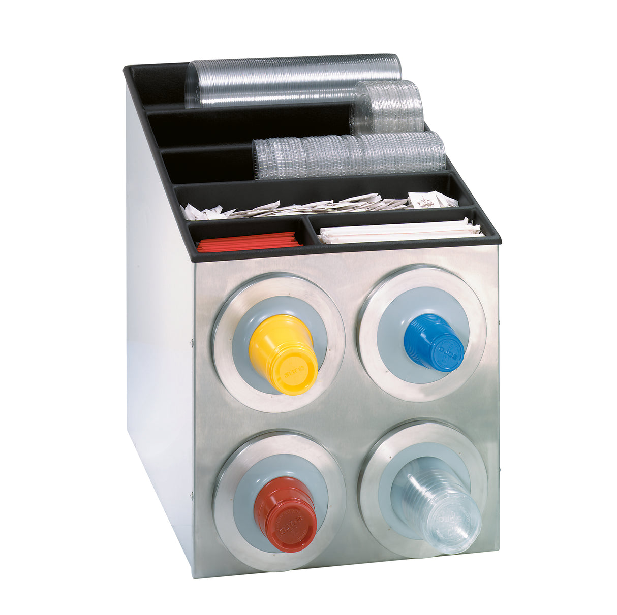 A stainless steel cup dispenser holds four stacks of plastic cups—yellow, red, blue, and clear—each in its own slot. On top, compartments store clear lids and white napkins, with red stirrers stacked on the left. This is an NSF cup dispenser.