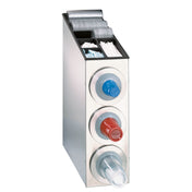Stainless steel cup dispenser holding three stacks of plastic cups—blue, red, and clear—with top compartments for lids, straws, and packets; this NSF cup dispenser is ideal for self-serve zones in restaurants or cafeterias.