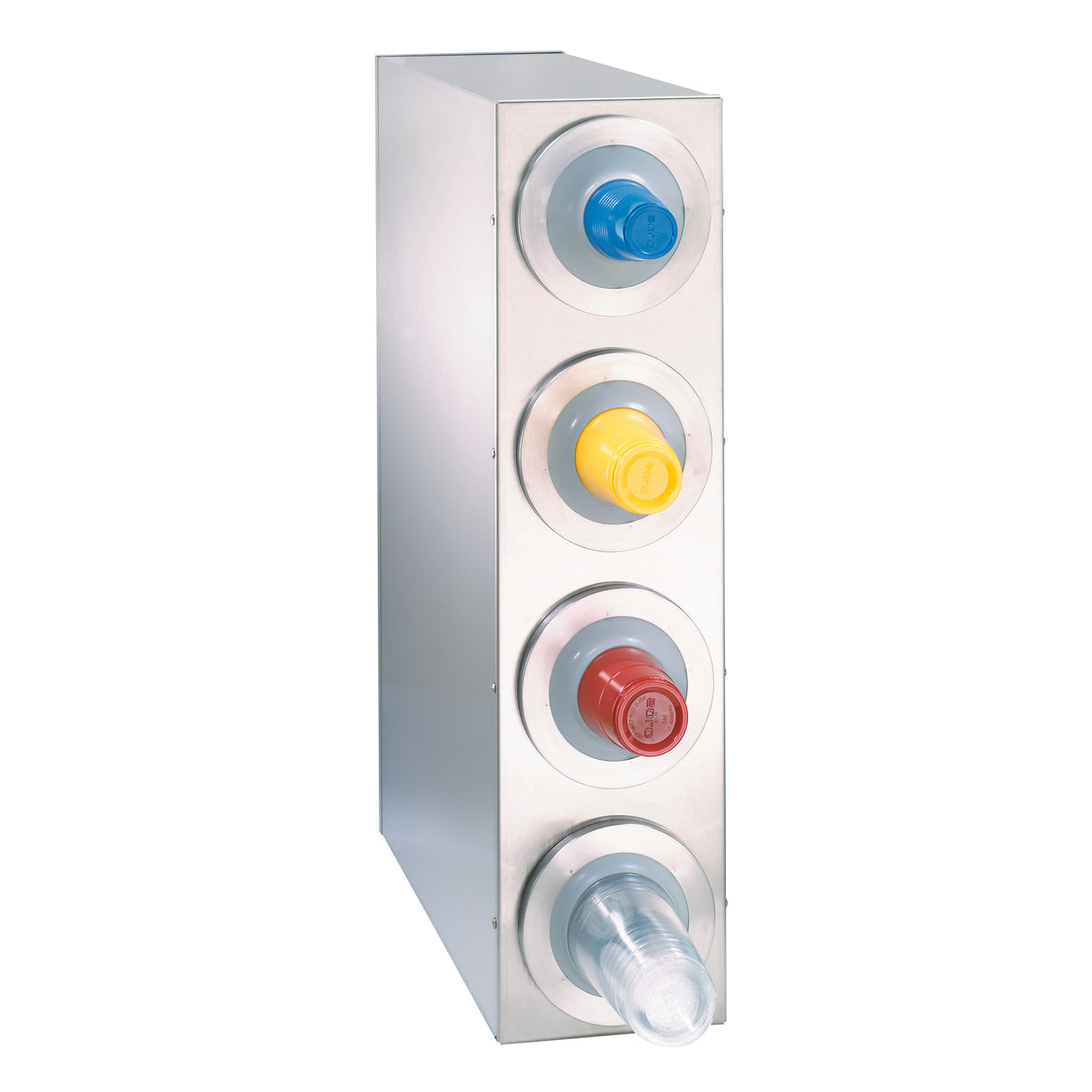 A stainless steel cup dispenser, designed for wall mounting, holds and separates four stacks of plastic cups—blue, yellow, red, and clear. Each stack loads horizontally with visible rims displayed through circular openings.