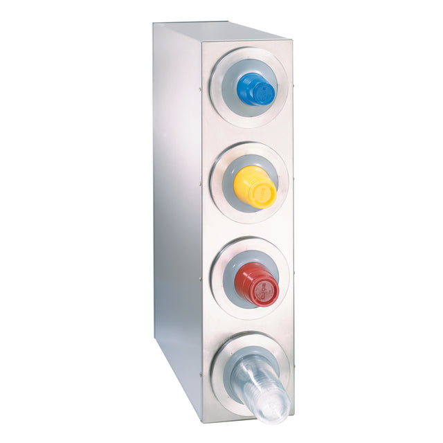 A stainless steel cup dispenser, designed for wall mounting, holds and separates four stacks of plastic cups—blue, yellow, red, and clear. Each stack loads horizontally with visible rims displayed through circular openings.
