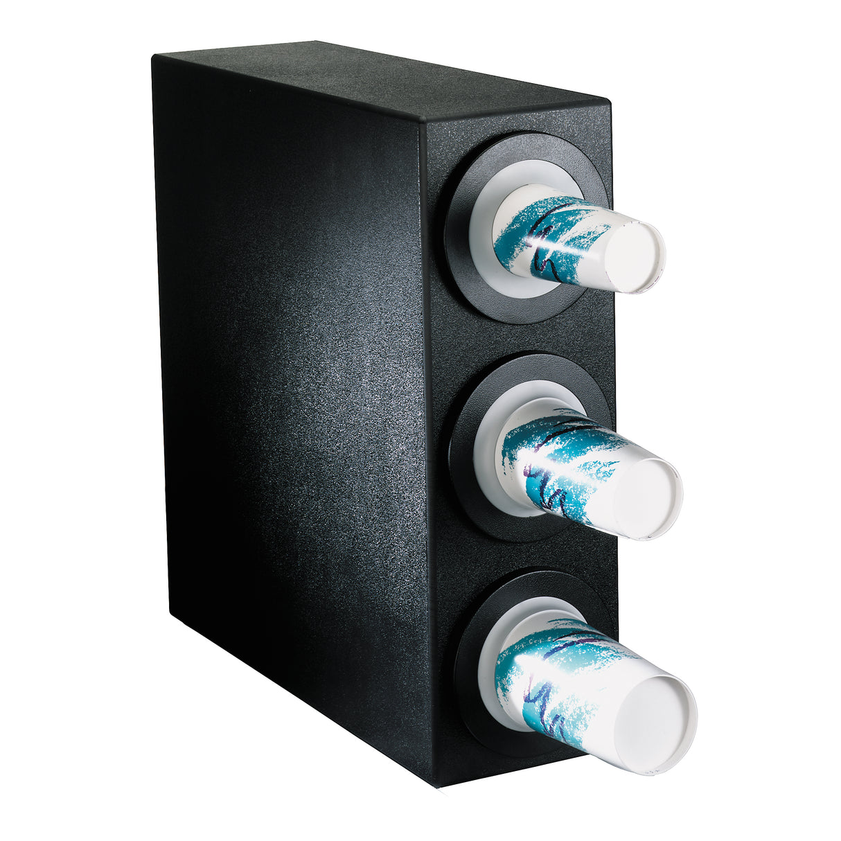 A black rectangular adjustable cup dispenser holds three stacks of white paper cups with blue and teal wave designs. Each stack protrudes from a round gray opening on the front side of the dispenser. The background is white.