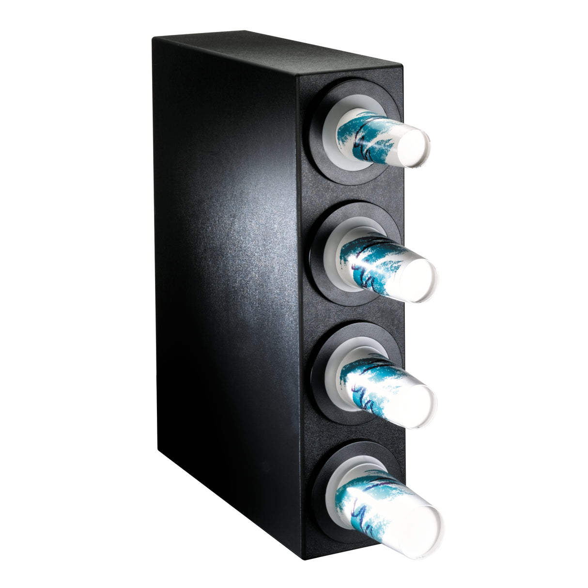 A black rectangular NSF cup dispenser holds four stacks of paper cups, each protruding from a round opening. The white cups feature a blue and teal abstract design. This adjustable cup dispenser is angled against a white background.