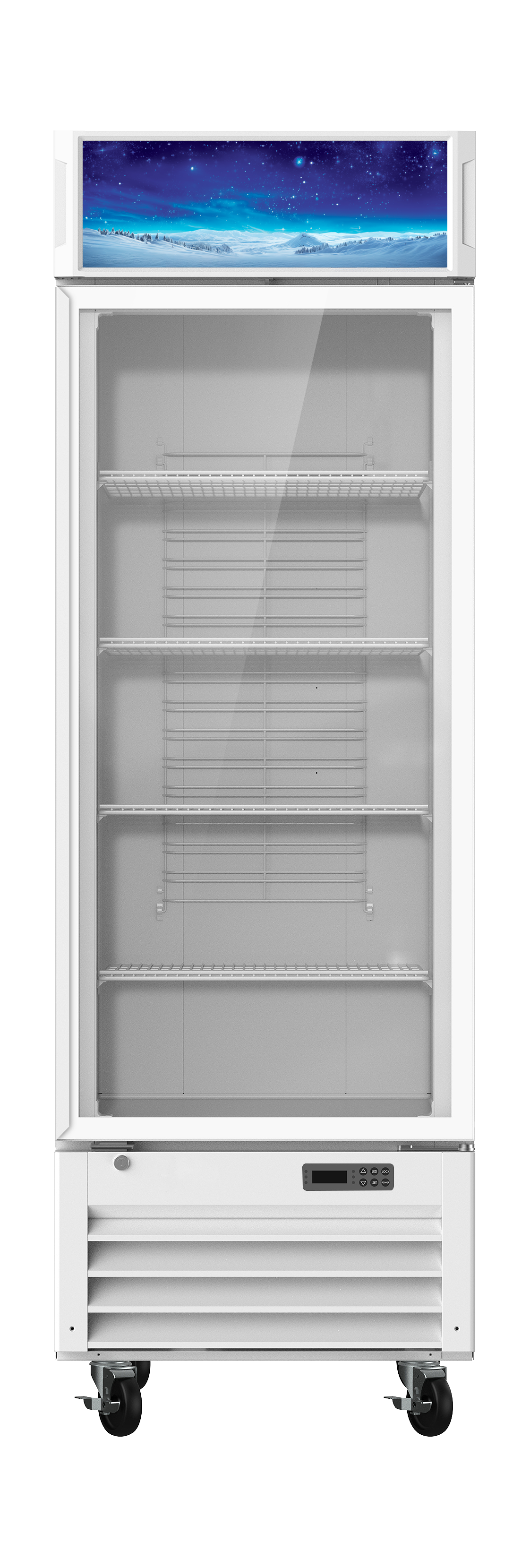 A commercial display cooler with a glass door, four empty wire shelves, digital controls at the bottom, and a blue icy-themed display panel at the top. This white refrigerated merchandiser is on wheels and stands against a plain light background.