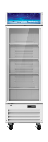 A commercial display cooler with a glass door, four empty wire shelves, digital controls at the bottom, and a blue icy-themed display panel at the top. This white refrigerated merchandiser is on wheels and stands against a plain light background.