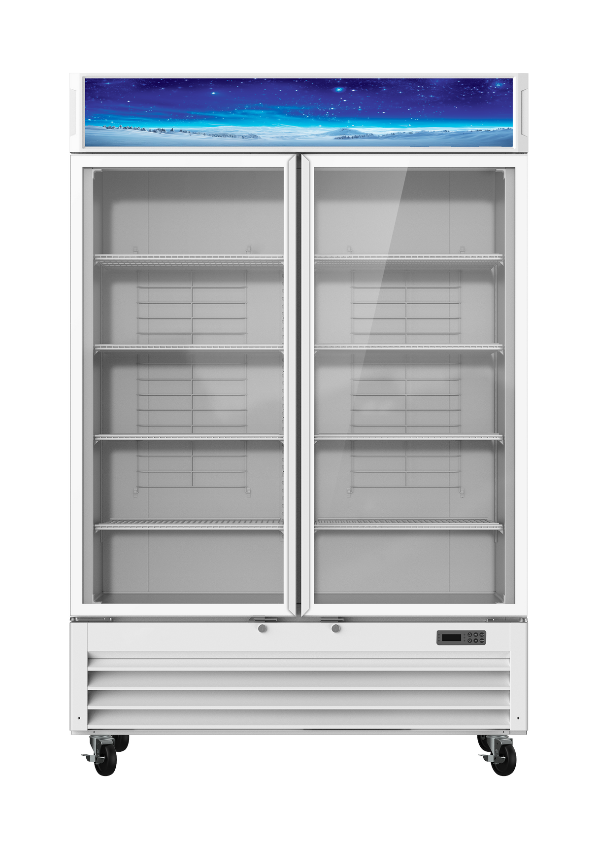 A commercial Refrigerated Merchandiser with two large, clear doors and five empty wire shelves. The white fridge features a blue, starry sky graphic, ENERGY STAR rating, LED interior lighting, and wheels for easy mobility. The interior is well-lit and clean.