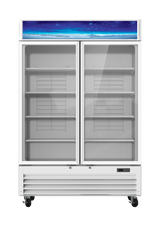 A commercial Refrigerated Merchandiser with two large, clear doors and five empty wire shelves. The white fridge features a blue, starry sky graphic, ENERGY STAR rating, LED interior lighting, and wheels for easy mobility. The interior is well-lit and clean.