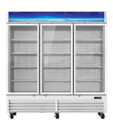 A large refrigerated merchandiser with three glass-door sections and adjustable wire shelves. This commercial refrigerator is white, on wheels, and features a blue, starry lighted sign panel at the top. Background is plain white.