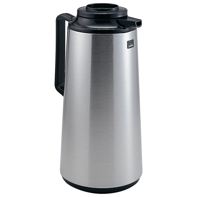 A stainless steel Brew-Thru Carafe with a sleek, tapered design. It features a black plastic handle and lid, glass vacuum insulated for optimal heat retention, plus a spout for pouring and a small logo near the top.