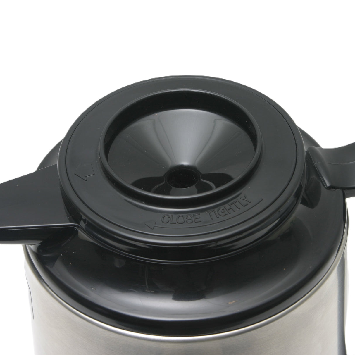 A close up of a glass vacuum insulated coffee pot, showcasing the sleek Brew-Thru Carafe design.