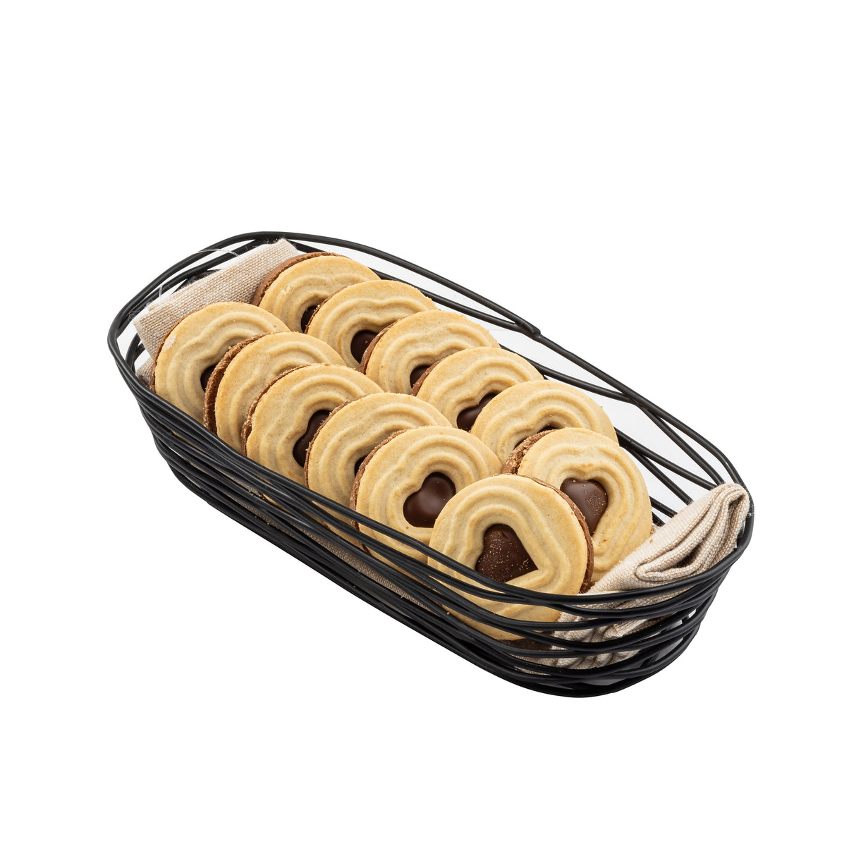 A TableCraft BK11709 black powder coated metal basket lined with beige cloth holds rows of round butter cookies with chocolate centers, neatly arranged and overlapping, on a white background.