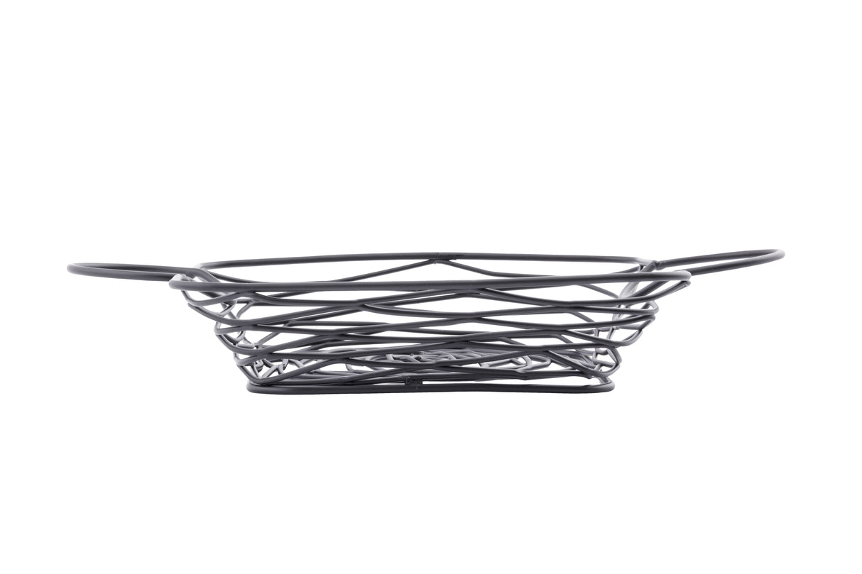 A black powder coated metal Artisan Collection Basket with an open, crisscross pattern and two side handles. The empty, oval-shaped basket features integrated ramekin holders and sits on a plain white background.