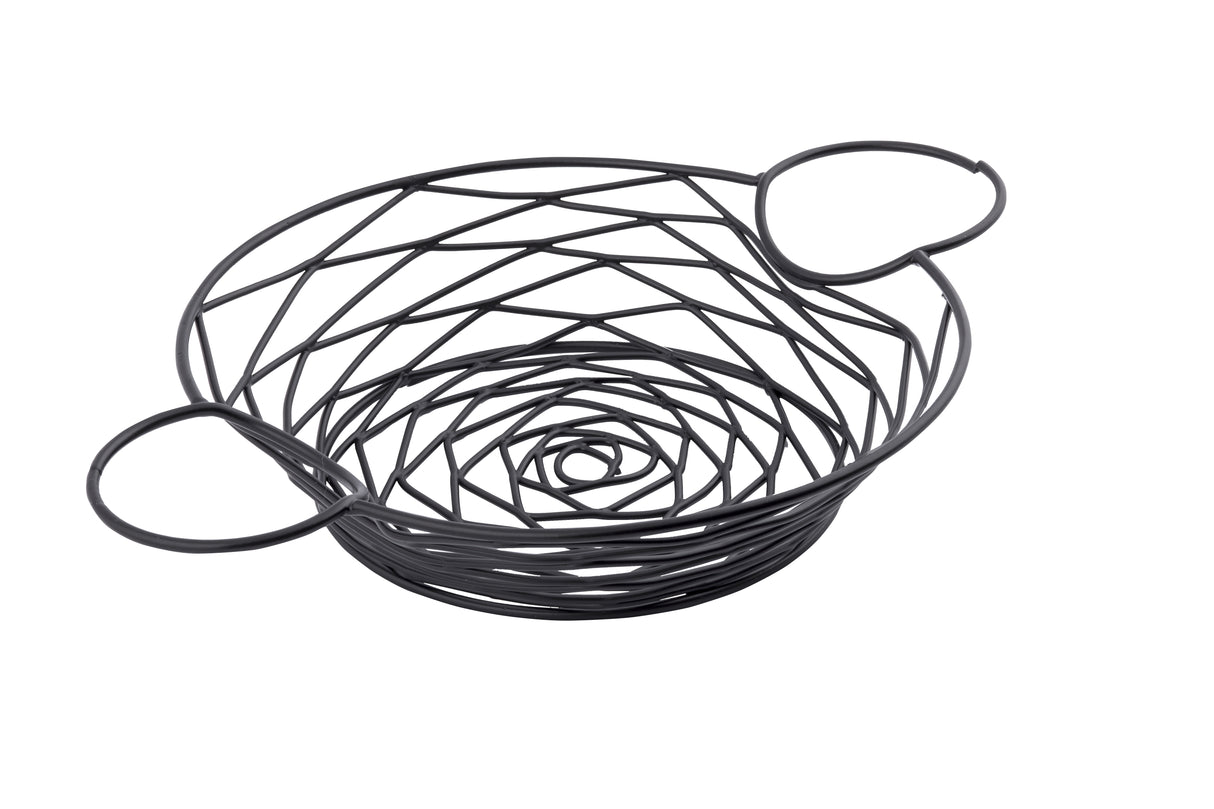 A black powder coated metal wire basket from the Artisan Collection features a circular, open-weave geometric pattern and two large rounded handles. The basket is empty, set against a plain white background.