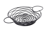 A black powder coated metal wire basket from the Artisan Collection features a circular, open-weave geometric pattern and two large rounded handles. The basket is empty, set against a plain white background.