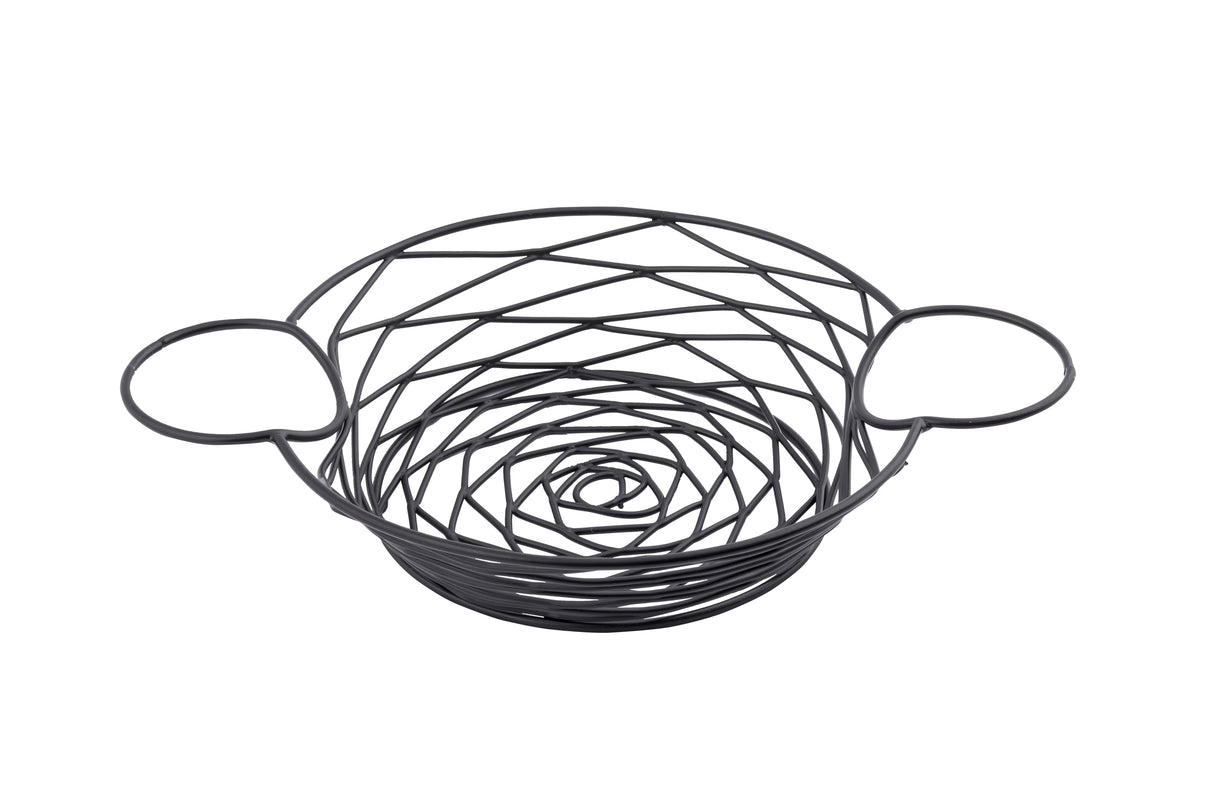 A black powder coated metal Artisan Collection Basket with a spiral and crisscross pattern, round shape, and two large looped handles. Its open, airy design is perfect for holding fruit or bread. Background is plain white.