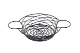 A black powder coated metal Artisan Collection Basket with a spiral and crisscross pattern, round shape, and two large looped handles. Its open, airy design is perfect for holding fruit or bread. Background is plain white.
