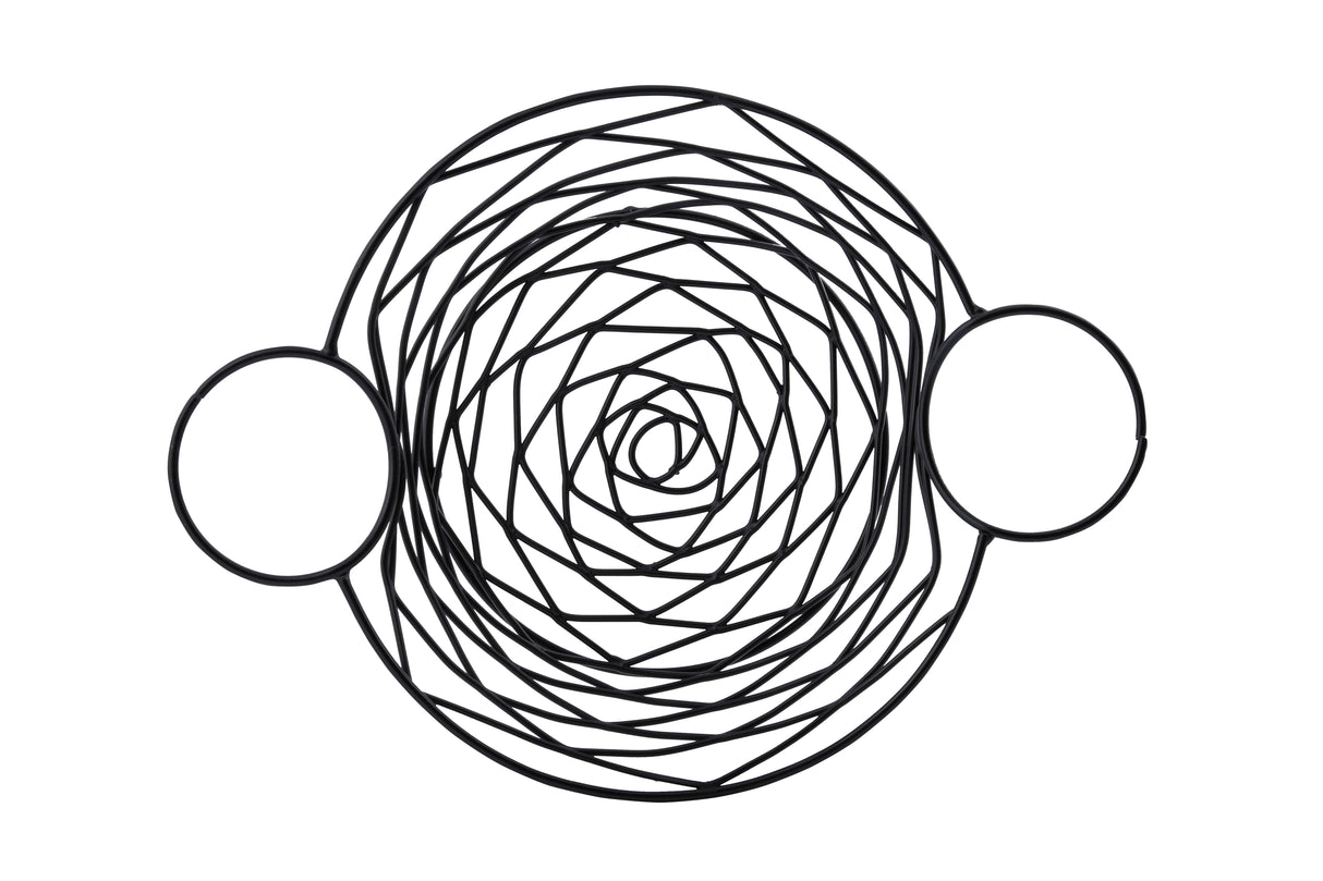 Black geometric design on a white background featuring a large central spiral pattern made of interlocking curved lines, flanked by two solid black-outlined circles, reminiscent of the intricate detailing found in an Artisan Collection basket.