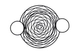 Black geometric design on a white background featuring a large central spiral pattern made of interlocking curved lines, flanked by two solid black-outlined circles, reminiscent of the intricate detailing found in an Artisan Collection basket.