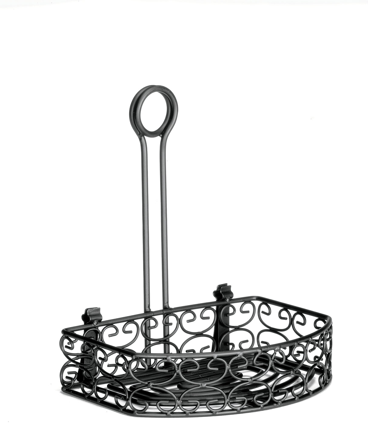 A decorative Versa Rack metal basket with a rectangular base, raised sides featuring ornate scrollwork, and a tall merchandising ring handle. Finished in black powder coated metal, the empty basket is photographed against a white background.