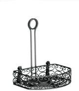 A decorative Versa Rack metal basket with a rectangular base, raised sides featuring ornate scrollwork, and a tall merchandising ring handle. Finished in black powder coated metal, the empty basket is photographed against a white background.