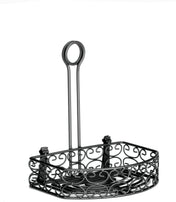 A decorative Versa Rack metal basket with a rectangular base, raised sides featuring ornate scrollwork, and a tall merchandising ring handle. Finished in black powder coated metal, the empty basket is photographed against a white background.
