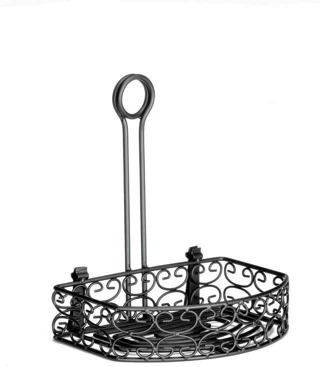 A decorative Versa Rack metal basket with a rectangular base, raised sides featuring ornate scrollwork, and a tall merchandising ring handle. Finished in black powder coated metal, the empty basket is photographed against a white background.