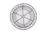 A round black powder coated metal basket from the TableCraft BK27508 Mediterranean Collection, this trivet features concentric circles and a swirl-patterned border. Its symmetrical, decorative design blends ornamental elegance with practical support.