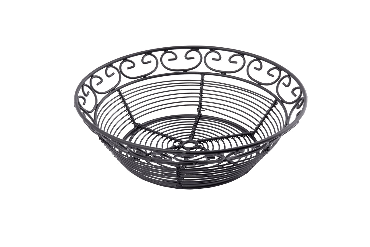 A round, black powder coated metal basket from the TableCraft BK27508 Mediterranean Collection, featuring a wide opening and decorative scrollwork along the rim. The airy wire design stands empty against a plain white background.